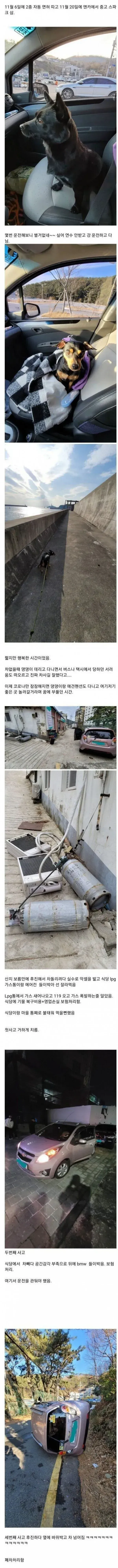 추천 alt 텍스트:

> “면허를 따고 2주 만에 중고 스파크를 산 운전자가 연수 없이 운전하다 식당의 가스통과 에어컨을 들이받아 가스가 새고 119가 출동한 사연을 담은 게시물