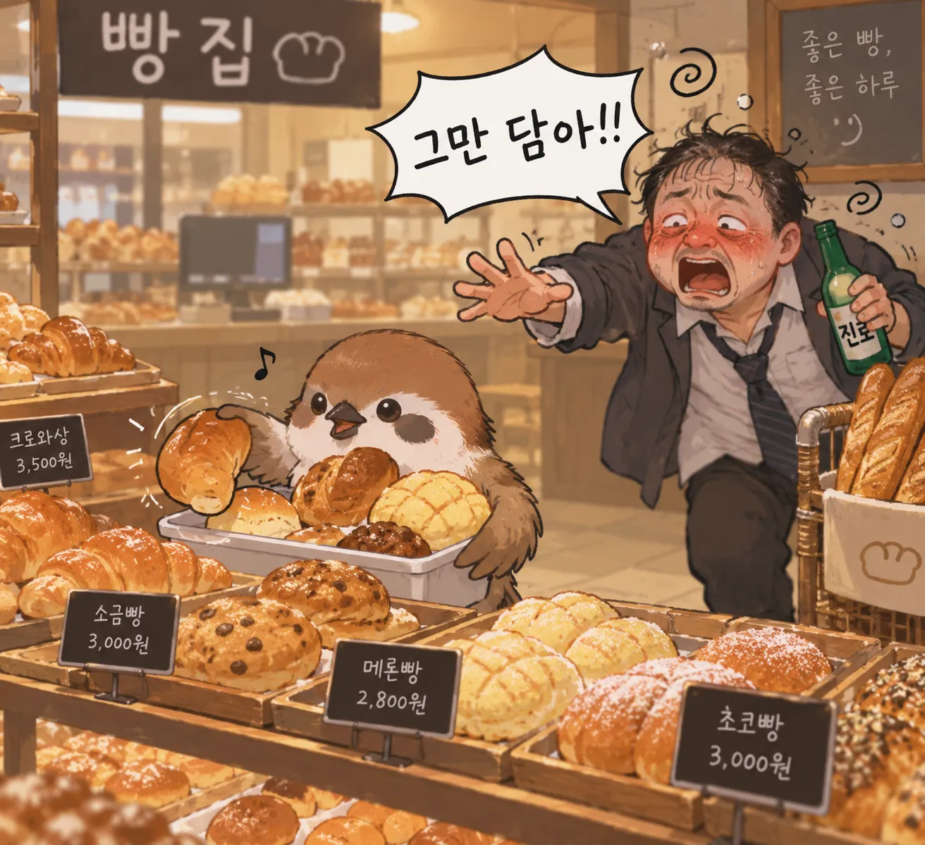 빵 가격표에 크로와상과 메론빵이 각각 2,800원으로 표시되어 있다.