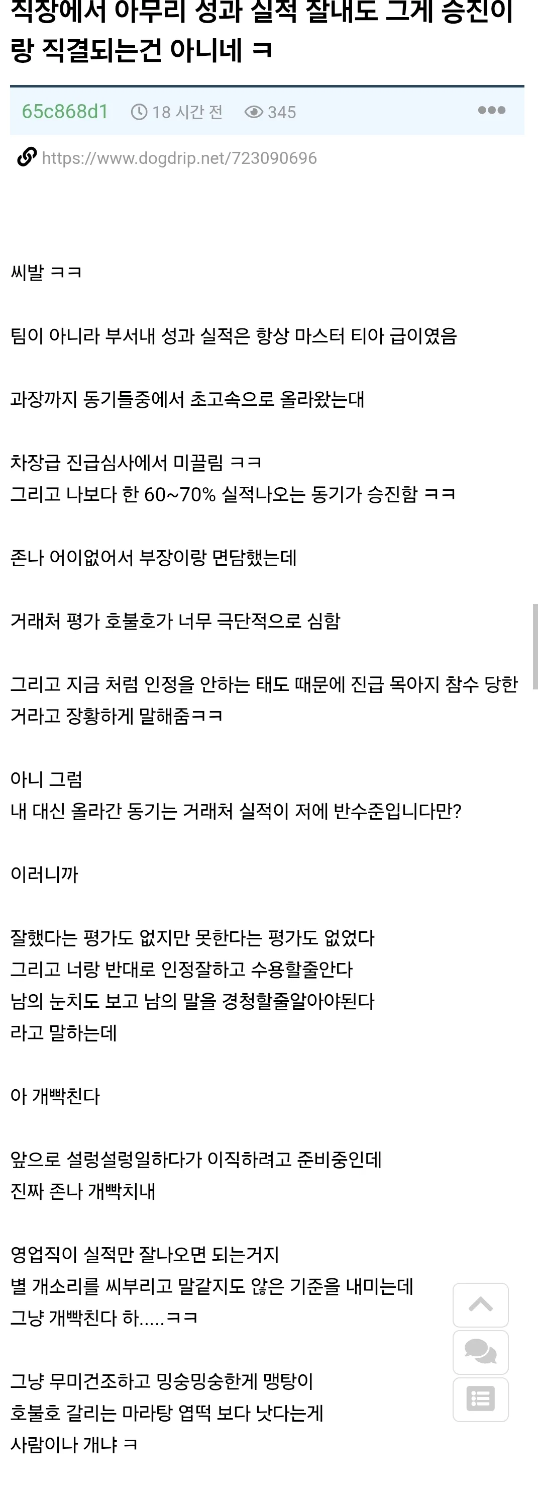 차장 진급에서 탈락한 직장인이 자신의 높은 실적에도 불구하고 거래처 평가와 태도 문제로 승진에서 밀렸다며 분노하는 내용의 장문 게시글 캡처. Lower text includes 댓