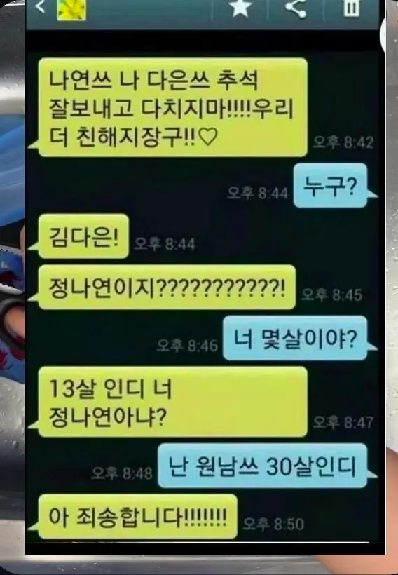 다은쓰와 원남쓰의 추석 인사 및 나이 오해 대화 캡처