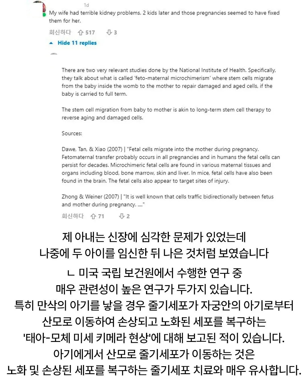 태아의 줄기세포가 손상된 산모의 장기로 이동해 회복을 돕는 과정