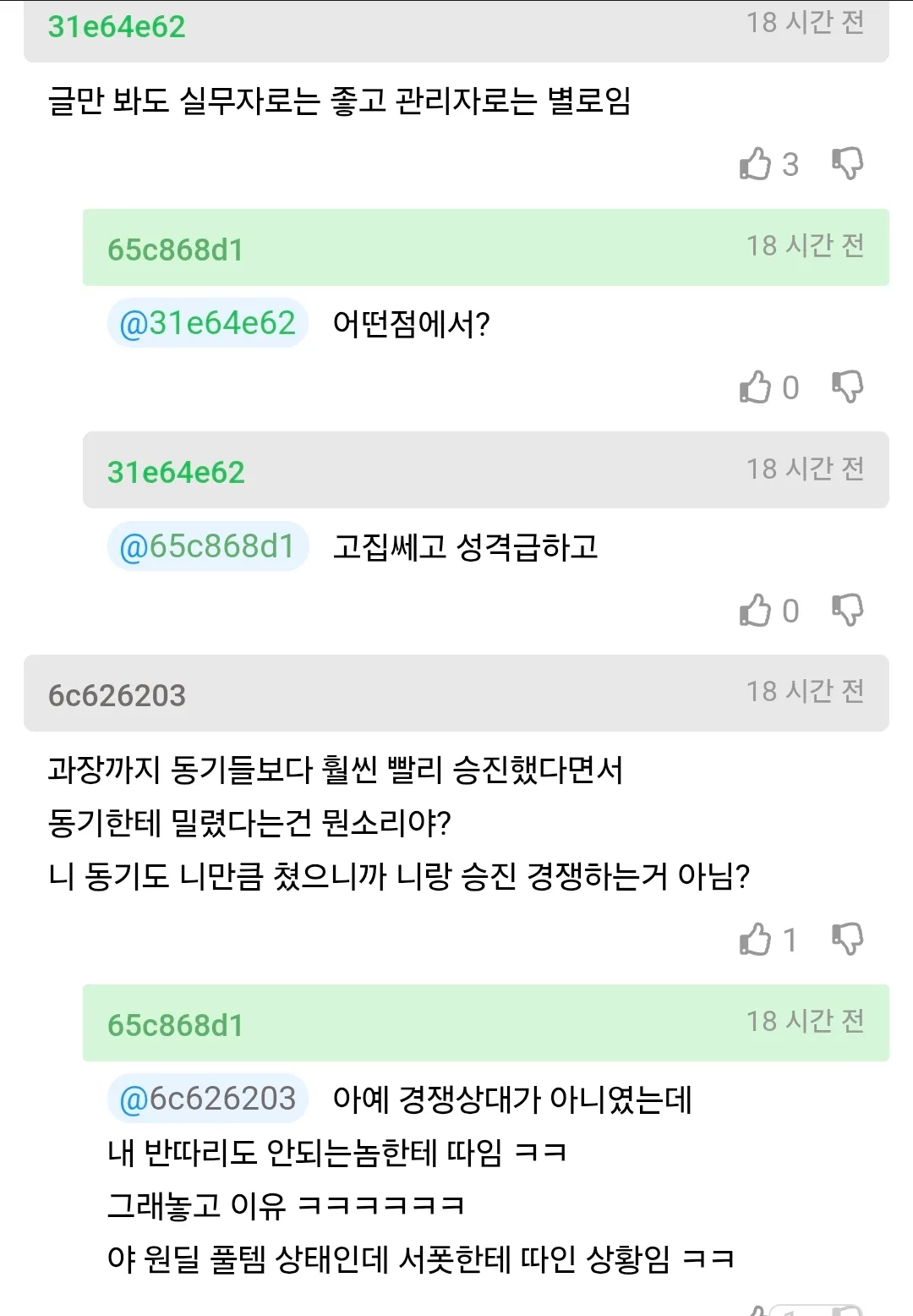 차장 진급에서 탈락한 사람이 동기에게 승진 경쟁에서 밀린 이유를 납득하지 못하며 분노하는 내용의 온라인 게시글 캡처. 댓글에는 해당 인물이 실무자로는 유능하지만 관리자로는 부적합하