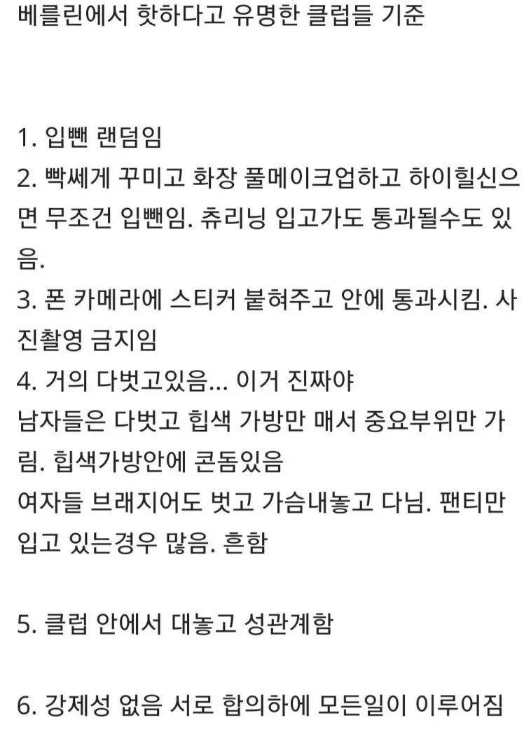 독일 유명 클럽의 복장·입장 규정과 클럽 내 성적 행위에 관한 내용을 나열한 한국어 게시물 캡처 이미지.