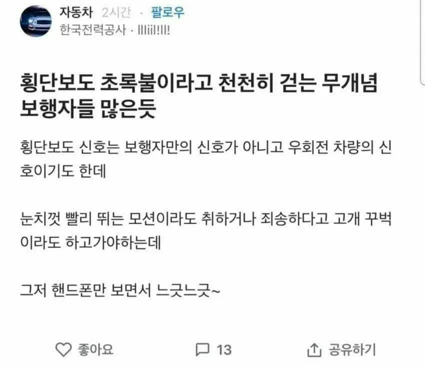 횡단보도를 느긋하게 걷는 보행자를 비판하는 자동차 운전자 게시글.