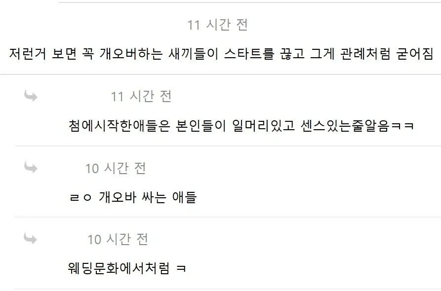 온라인 댓글 캡처. “안 좋은 문화나 관습이 자리 잡는 이유”라는 주제 아래, 과도한 행동을 하는 사람들이 관례를 만들고 이를 따라 하는 사람들을 비판하는 댓글이 이어져 있다.