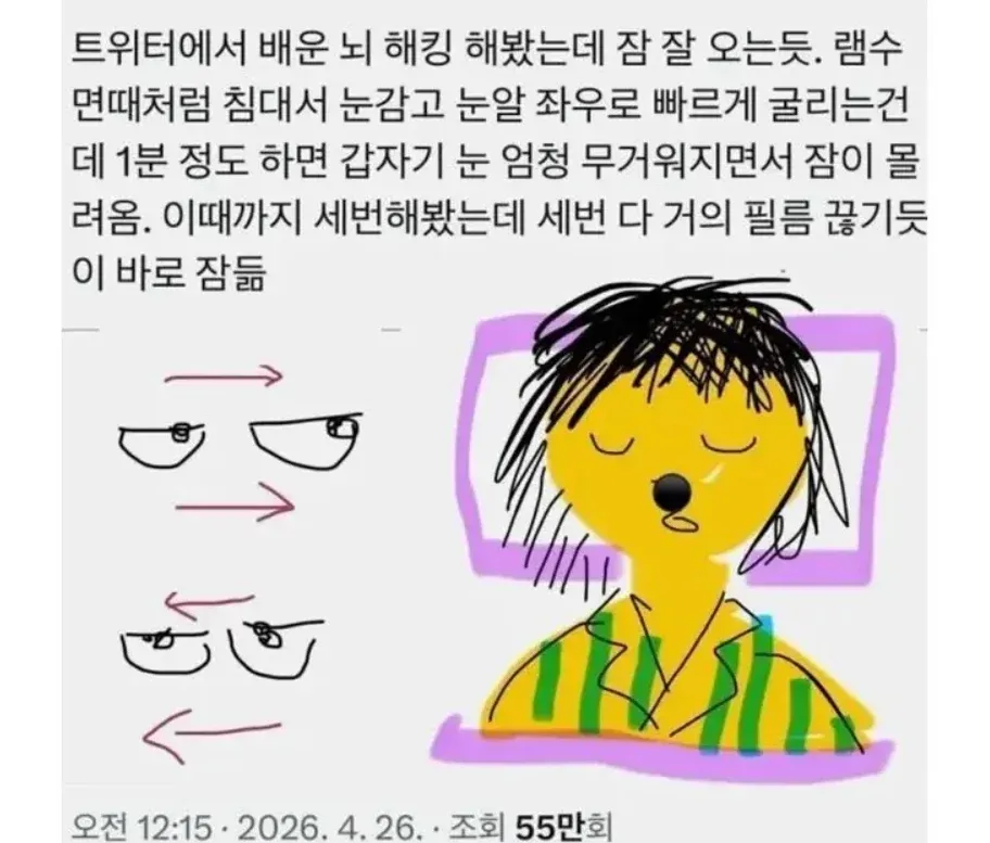 트위터 게시물 캡처 화면. 빠르게 잠드는 방법으로 눈을 감고 눈알을 좌우로 빠르게 굴리는 방법을 소개하며, 1분 정도 하면 졸음이 온다는 내용이 적혀 있다. postscript에는