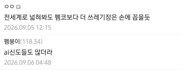 온라인 게시판에 펨코를 비판하는 댓글과 작성 날짜가 표시된 화면