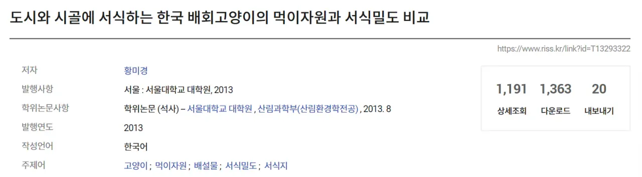 RISS에 등록된 황미경의 한국 배회고양이 먹이자원 연구 논문 정보.