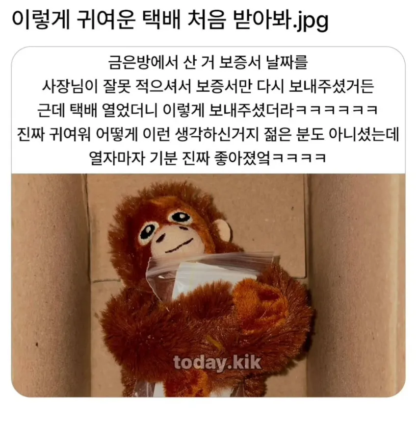 금은방에서 보증서와 함께 귀여운 간식이 담긴 택배 상자