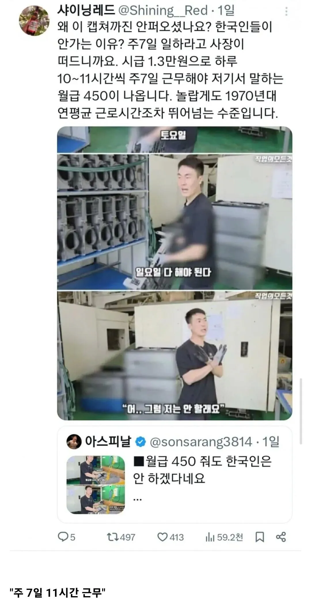 주 7일 하루 11시간 근무로 월급 450만 원을 받는다는 게시글