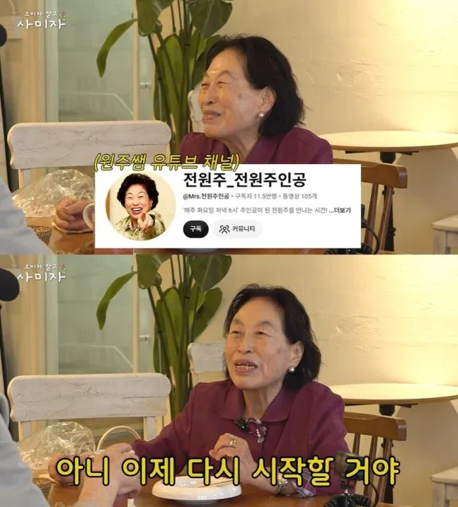 유튜브 채널 ‘전원주_전원주인공’ 화면으로, @Mrs.전원주 채널의 구독자 수는 5.5만 명, 동영상은 105개이며 ‘아니 이제 다시 시작할 거야’라는 영상과 ‘전원주 유튜브 중단