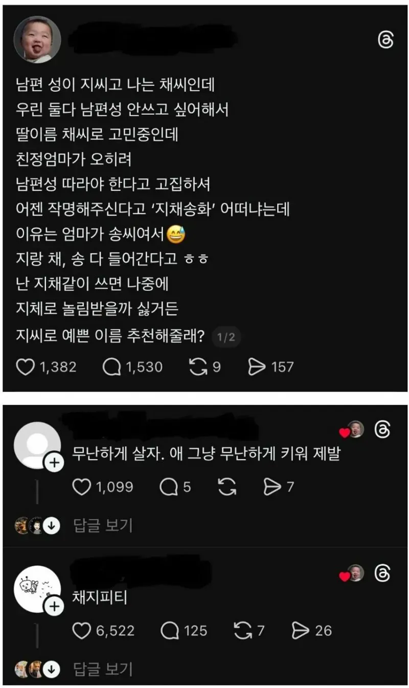 남편은 지씨, 본인은 채씨인 부부가 아이의 성을 채씨로 할지 고민하며, 친정어머니의 지씨 고집과 ‘지채소화’라는 이름 제안, ‘지체’로 놀림받을 걱정을 이야기하고 지씨 성의 무난한