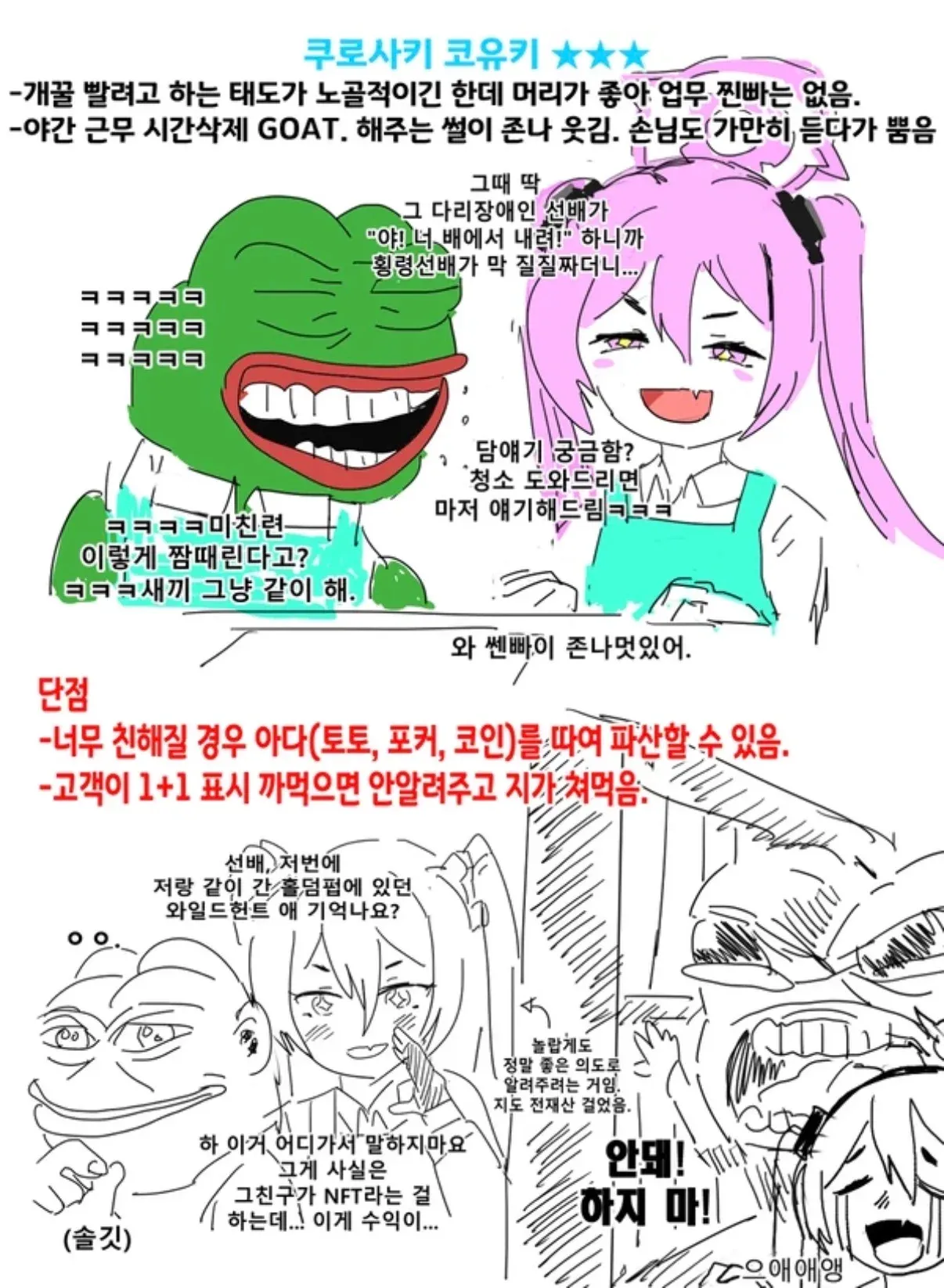 로손 콜라보 알바 쿠로사키 코유키의 장단점을 소개하는 만화.
