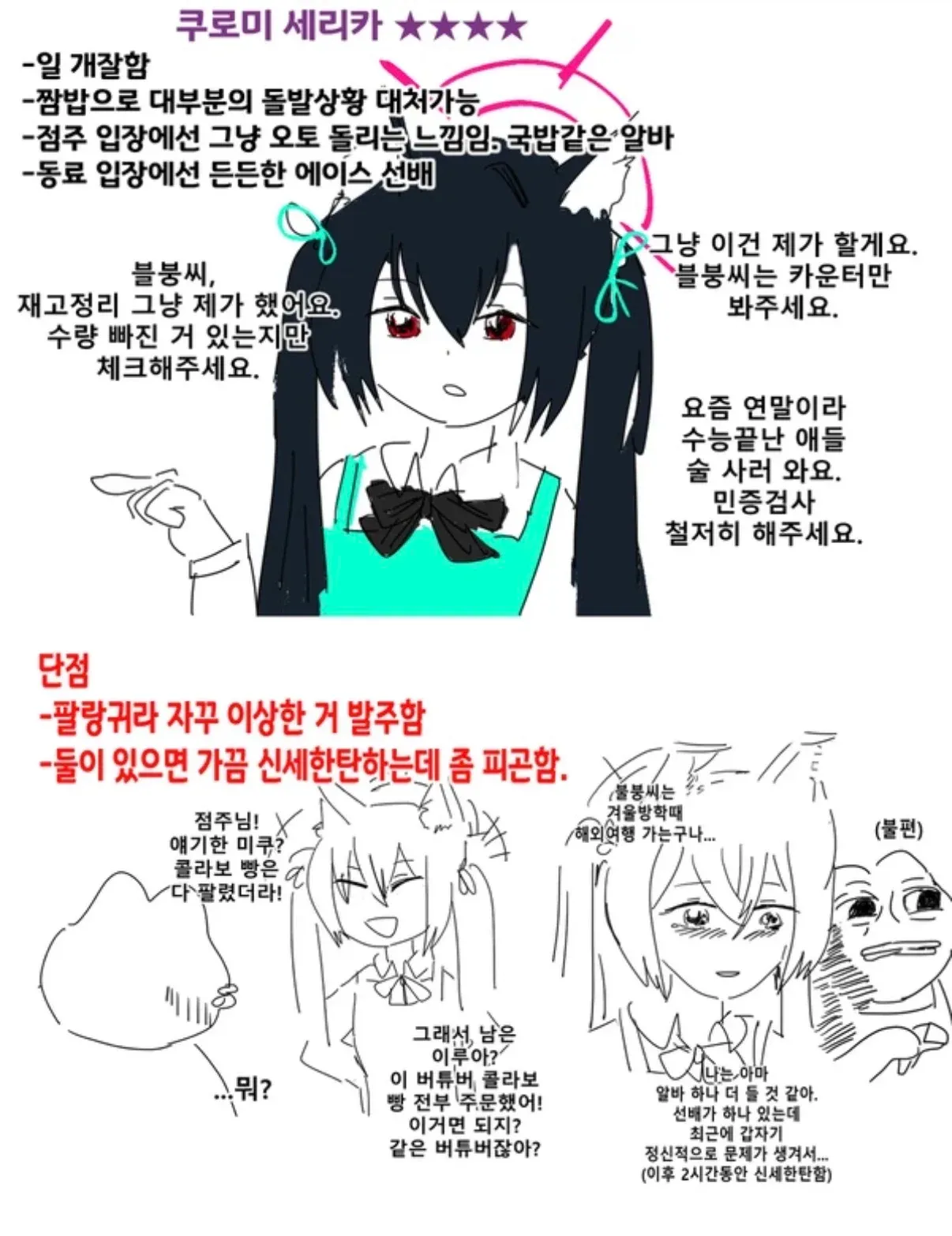 ```html
alt="로손 콜라보 매장에서 일하는 쿠로미 세리를 평가하는 만화. 재고 정리와 카운터 업무를 능숙하게 처리하는 든든한 에이스 알바지만, 가끔 엉뚱한 상품을 발주하고
