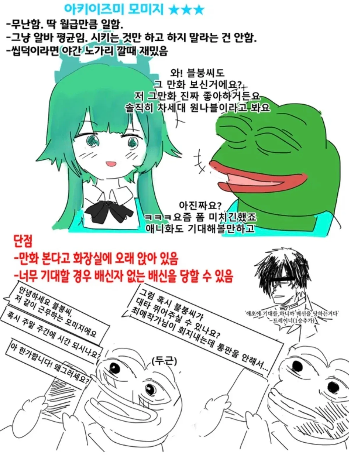 ```html
alt="로손 콜라보 알바생 아키이즈미 모미지를 평가하는 만화. 모미지는 무난하게 일하지만 만화를 좋아해 야간 잡담이 재미있고, 주말 대타를 부탁하며 최애 작가의 회