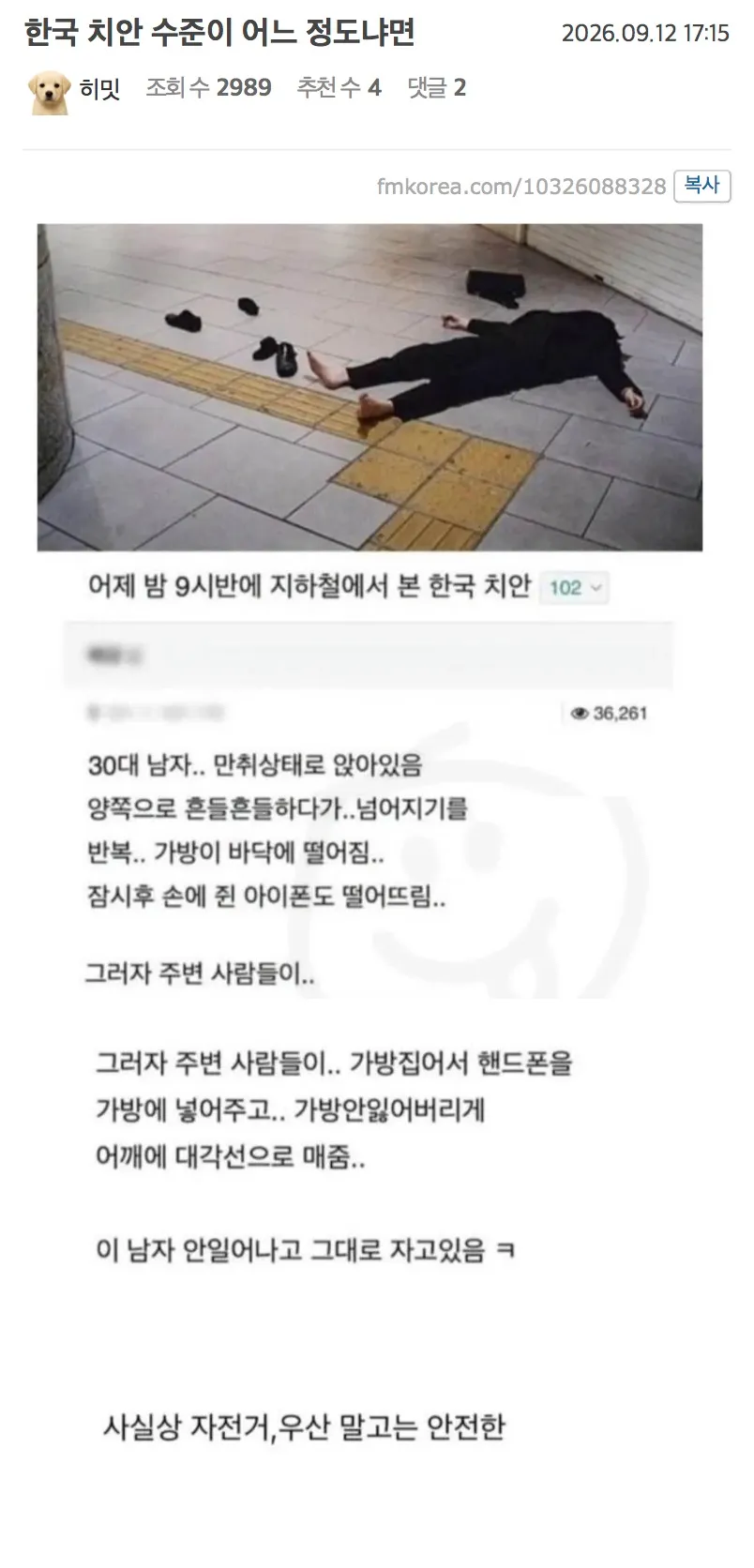 지하철에서 만취해 잠든 남성의 가방과 휴대전화를 주변 승객들이 챙겨준 한국의 치안 수준을 소개하는 온라인 게시글.