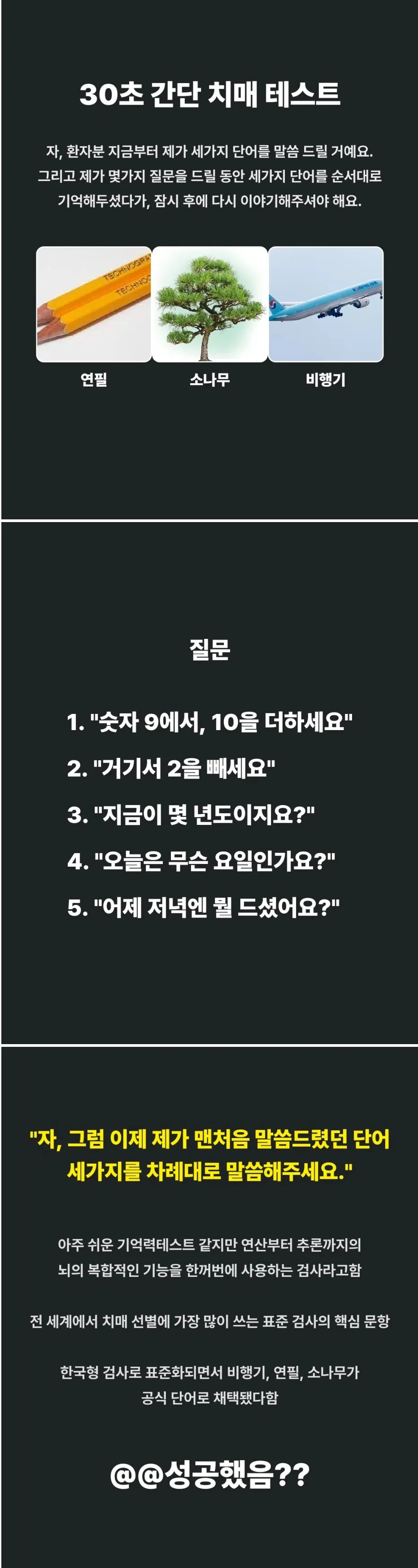 30초 간단 치매 테스트: 연필·소나무·비행기 기억하기