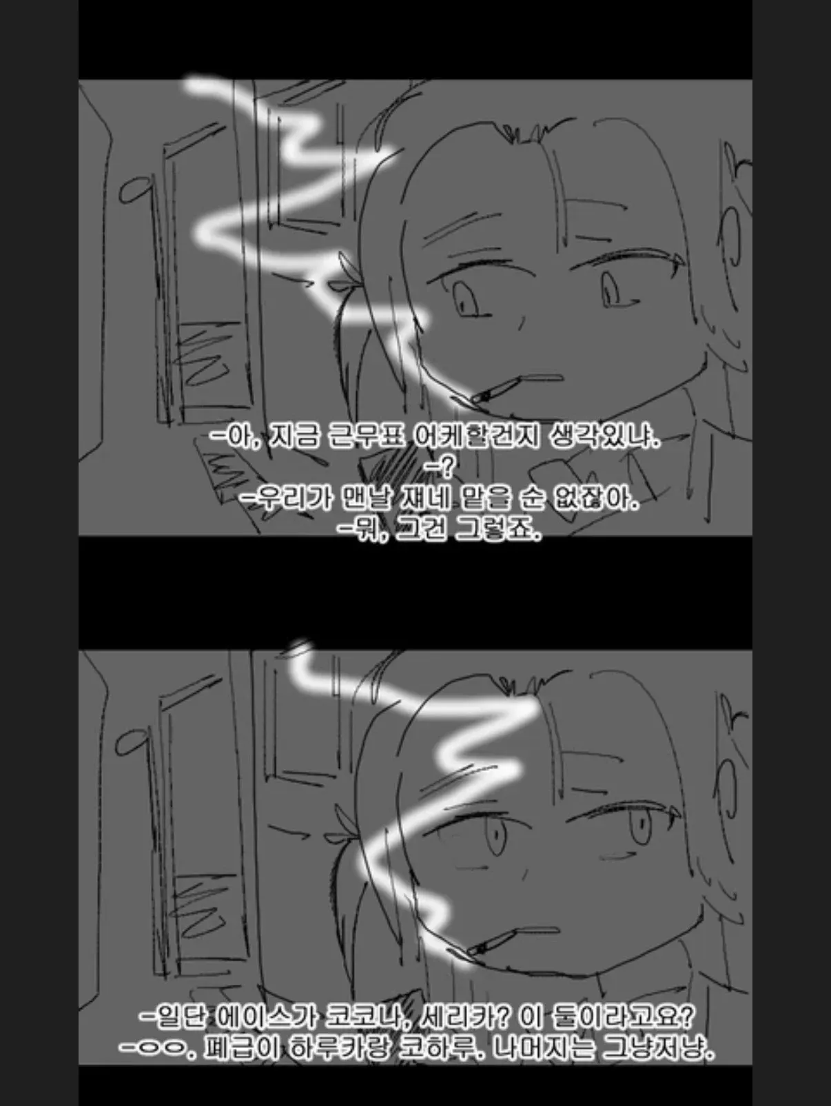 블루 아카이브 캐릭터들이 로손 콜라보 아르바이트 근무표를 논의하며 코코나·세리카는 에이스, 하루카·코하루는 미숙한 직원이라고 평가하는 만화.