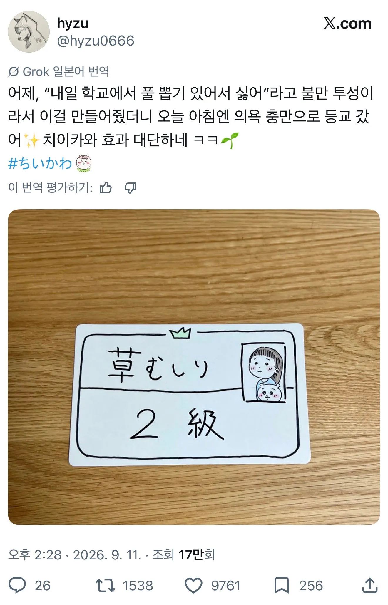 치이카와 캐릭터가 그려진 ‘풀 뽑기 2급’ 자격증