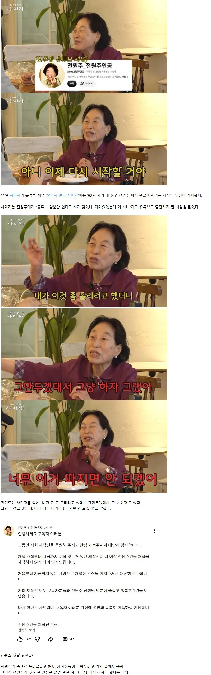 전원주 유튜브 채널 중단 이유를 설명하는 영상 화면
