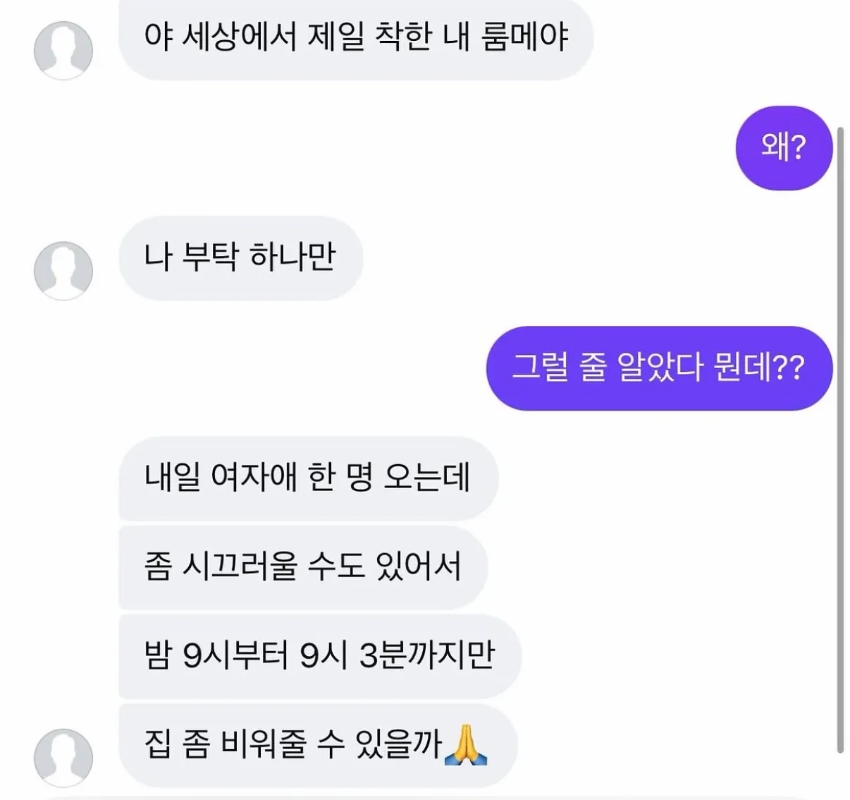 룸메이트가 여자 손님 방문을 위해 밤 9시부터 3분간 집을 비워달라고 부탁하는 대화