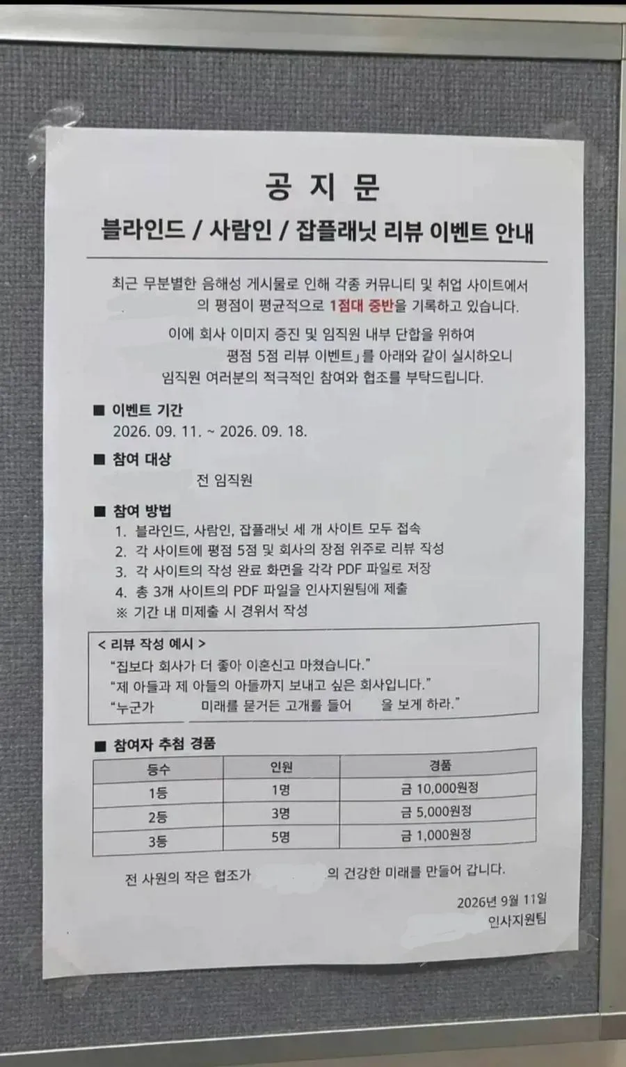 임직원에게 3개 취업 사이트의 5점 리뷰 작성을 요구하는 공지문