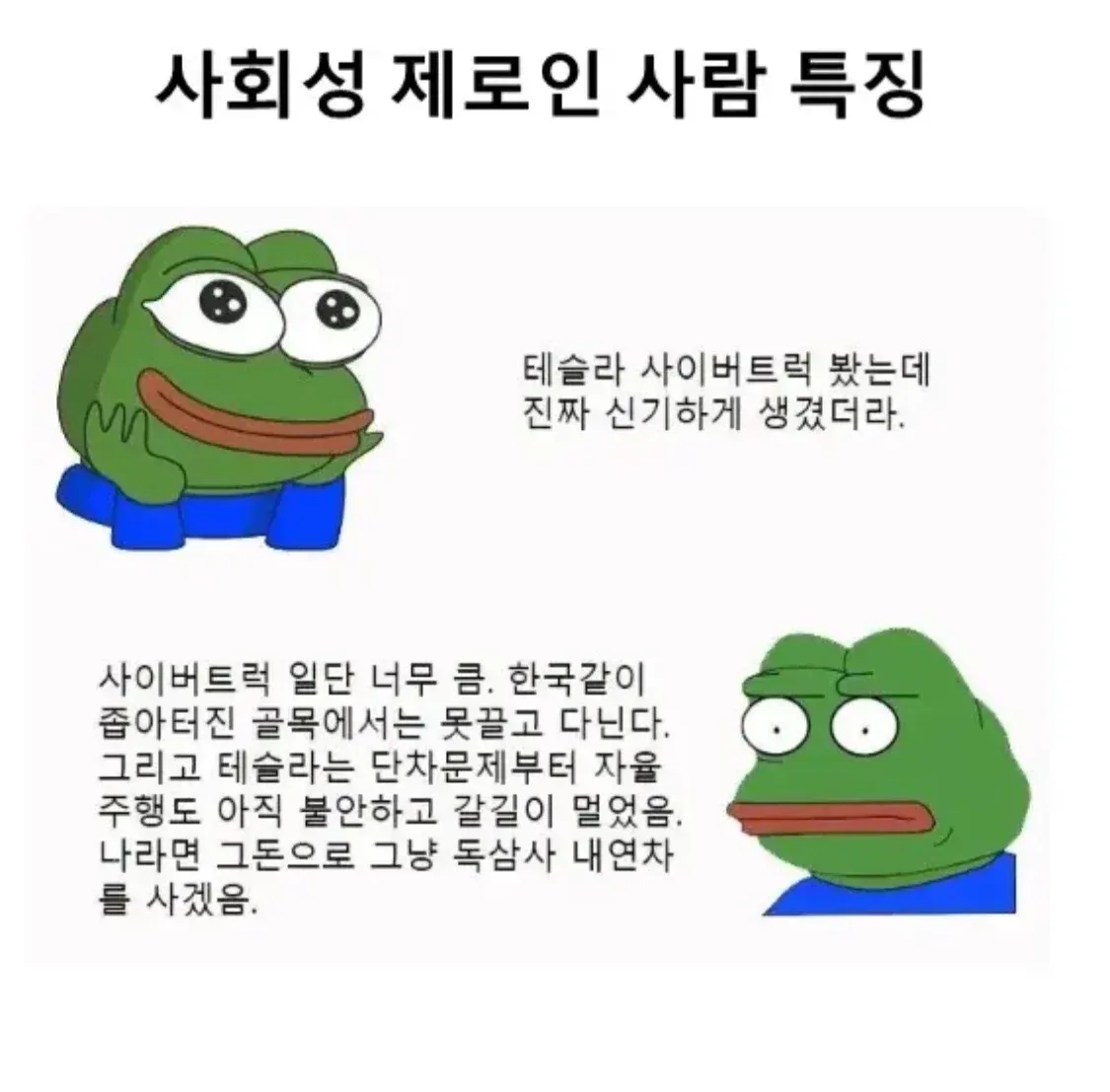 사회성 제로인 사람 특징을 다룬 밈  
테슬라 사이버트럭이 신기하게 생겼다는 글  
사이버트럭이 너무 크다는 감상  
좁은 한국 골목에 사이버트럭은 부적합하다는 내용  
테슬라의
