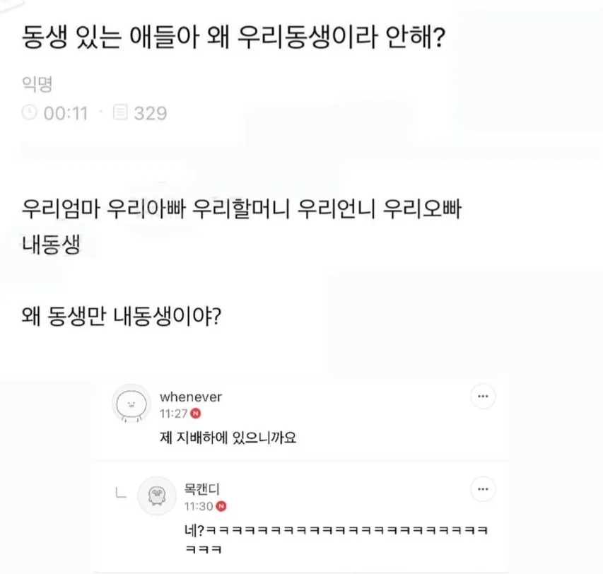 동생만 ‘내 동생’이라 부르는 이유는 지배하에 있어서라는 유머 이미지
