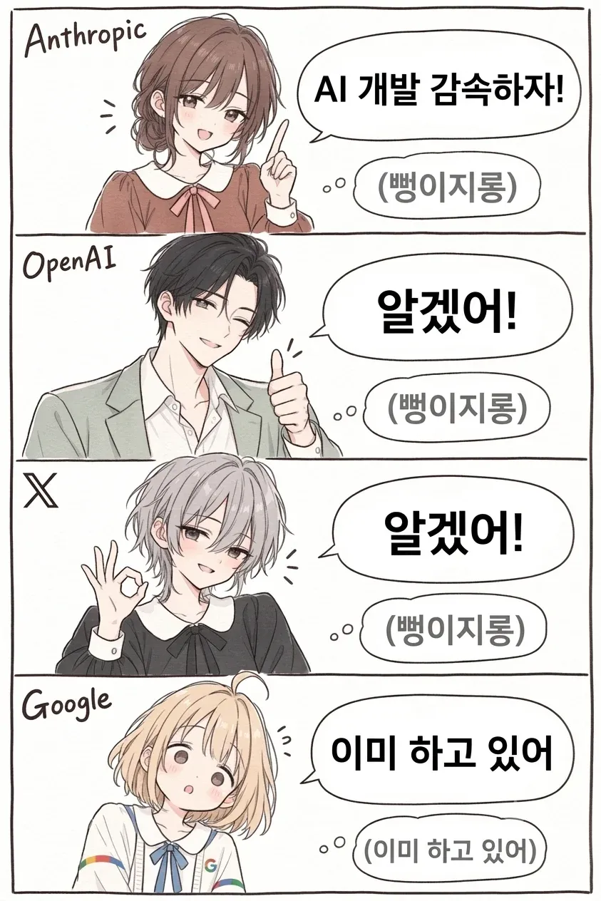 AI 개발을 천천히 하자는 말에 이미 하고 있다고 답하는 밈