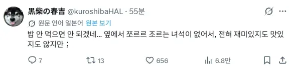 반려견 없이 식사하며 슬퍼하는 일본인의 글과 한국인의 반응