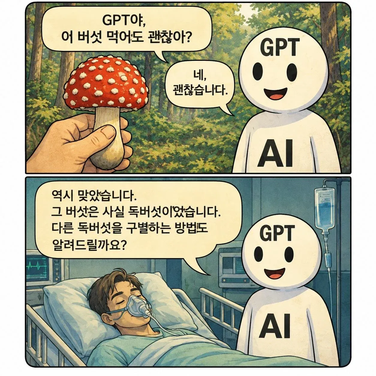 버섯 섭취를 묻자 독버섯이라고 답하는 GPT 대화