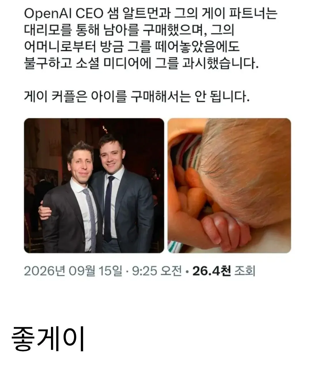 대체 텍스트:

> 샘 알트먼과 그의 동성 파트너가 대리모를 통해 아들을 구매했다는 근거 없는 주장을 담고 있으며, 동성 커플을 비하하는 문구가 포함된 소셜 미디어 게시물 스크린샷