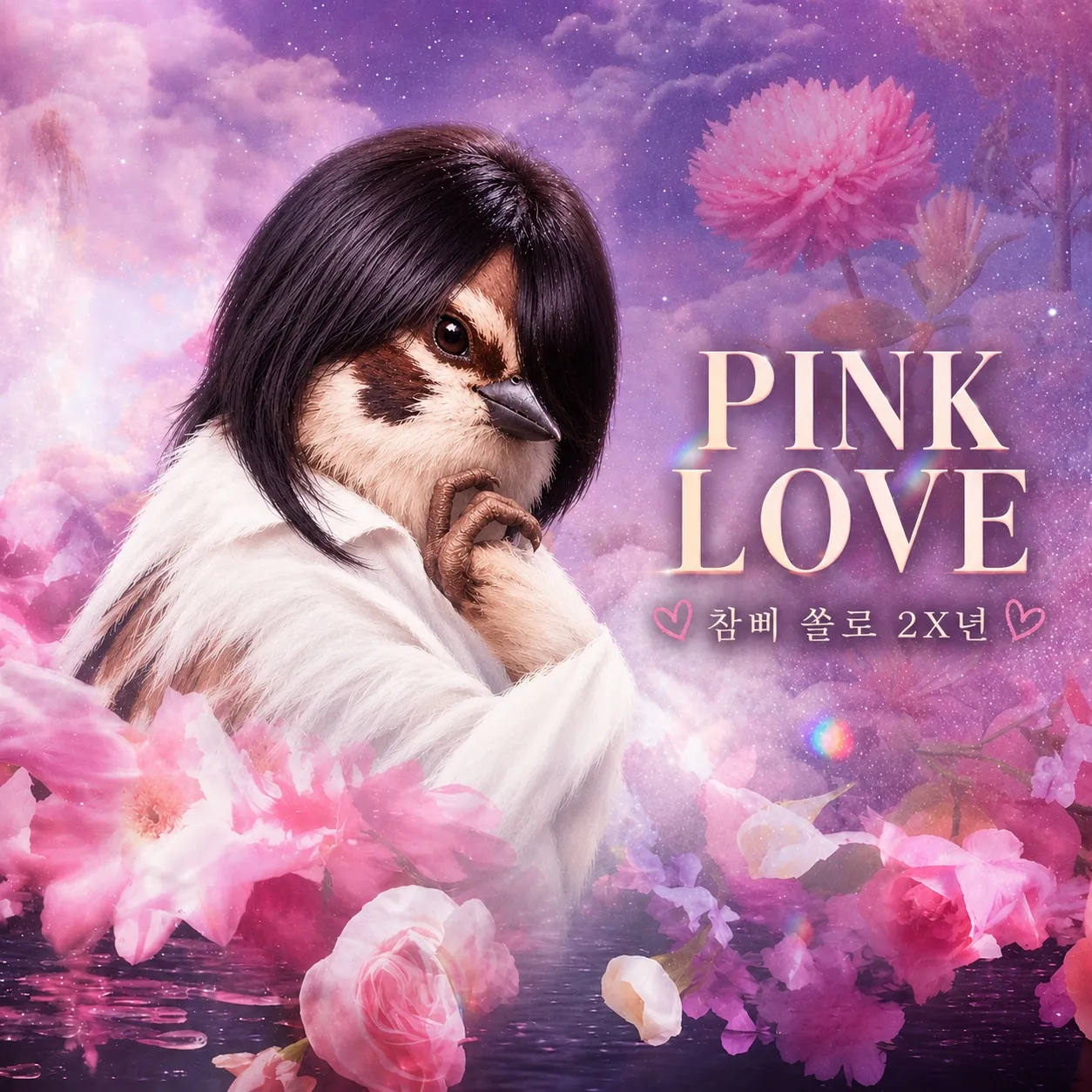 PINK LOVE 문구 옆에서 웅크리고 자는 고양이