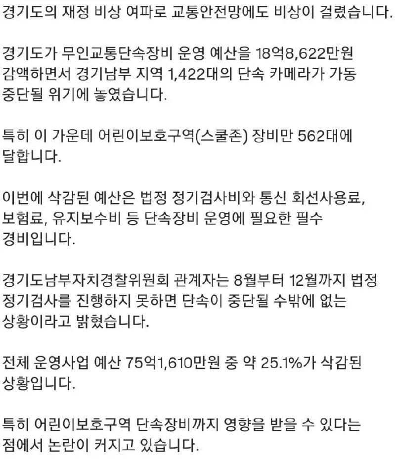 경기도 예산 삭감으로 도로 CCTV 1,422대 가동 중단 위기, 스쿨존 562대 포함
