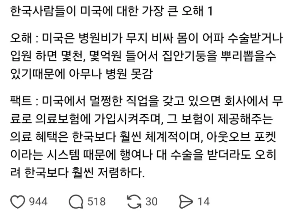 한국사람들이 미국에 대한 가장 큰 오해 1

오해 : 미국은 병원비가 무지 비싸 몸이 아파 수술받거나 입원하면 몇천, 몇억원 들어서 집안기둥을 뿌리뽑을 수 있기 때문에 아무나 병원 못 감

팩트 : 미국에서 멀쩡한 직업을 갖고 있으면 회사에서 무료로 의료보험에 가입시켜주며, 그 보험이 제공해주는 의료 혜택은 한국보다 훨씬 체계적이며, 아웃오브 포켓이라는 시스템 때문에 행여나 대 수술을 받더라도 오히려 한국보다 훨씬 저렴하다.