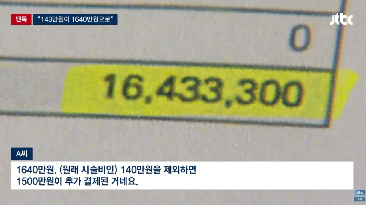 시술비 140만원 외 1500만원이 추가 결제돼 총 1640만원