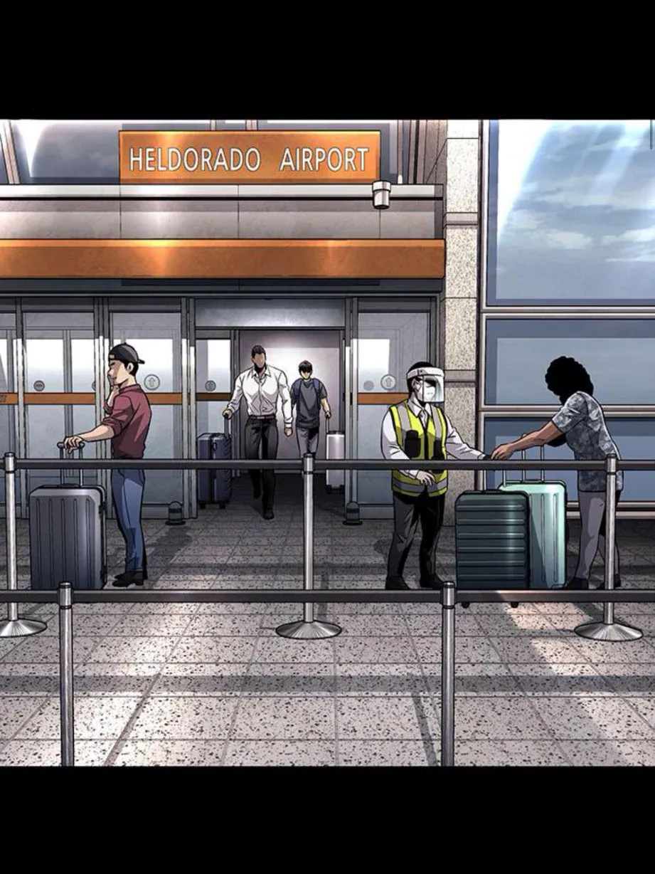 HELDORADO AIRPORT 표지판이 있는 남미풍 웹툰 장면
