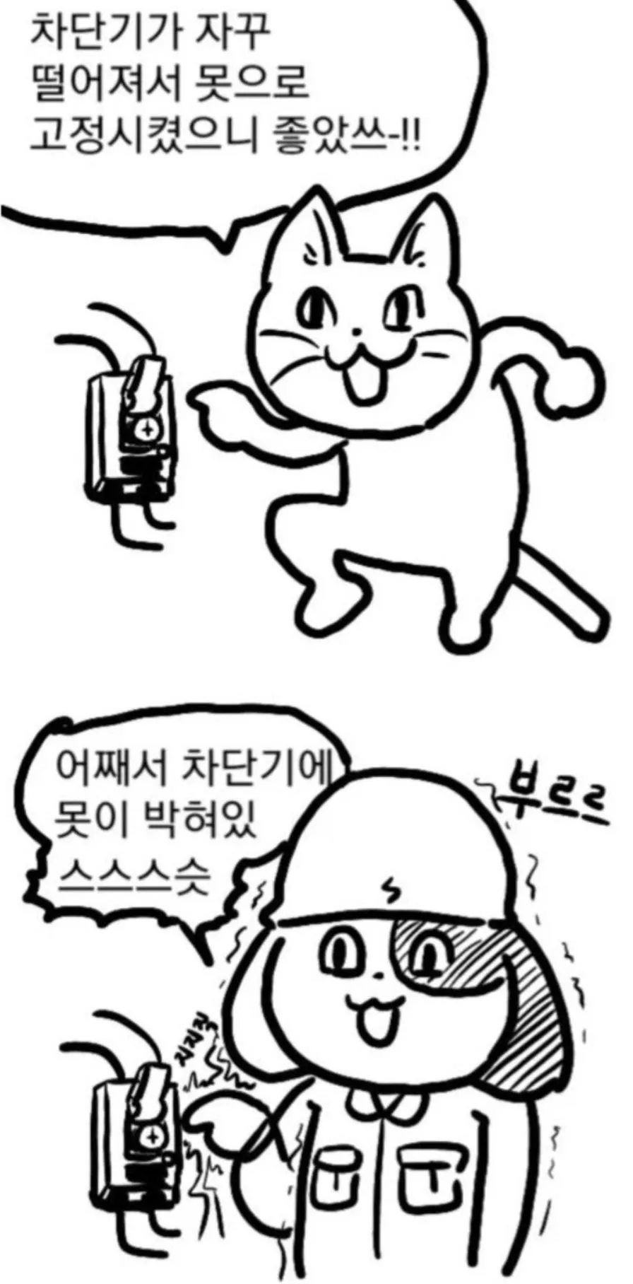 차단기를 못으로 고정해 합선 위험이 있는 모습