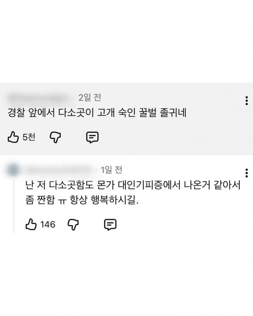 경찰 앞에서 고개를 숙이고 있는 꿀벌 복장의 사람