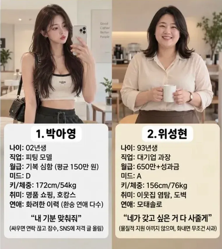 02년생 박아영과 93년생 위성현의 프로필 비교 이미지