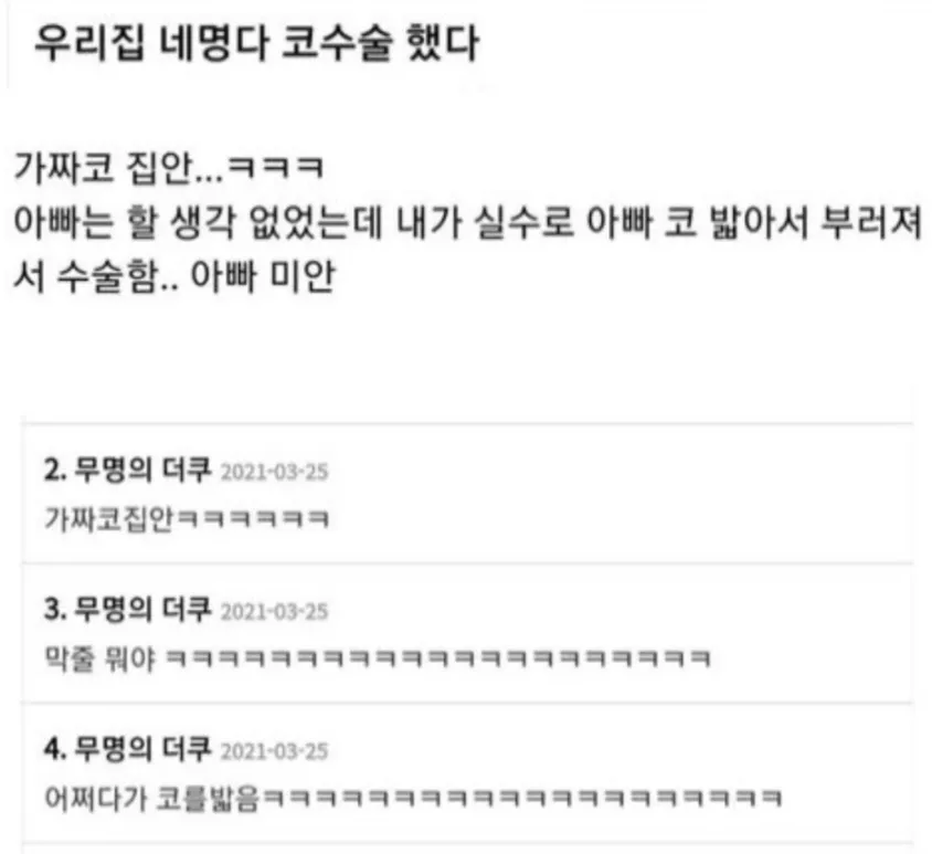 온라인 커뮤니티 게시물 캡처. 제목은 “우리집 4명 다 코수술했다”이며, 가족 네 명이 코수술을 했고 아버지는 자녀가 실수로 코를 밟아 부러져 수술했다는 내용과 유쾌한 댓글이 담겨