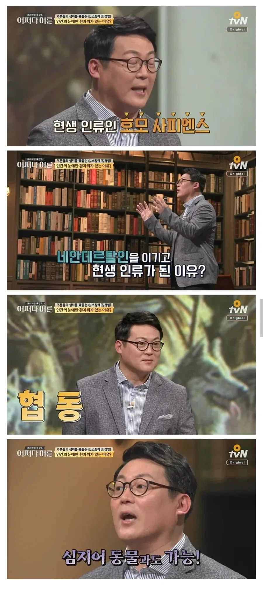 어쩌다 어른에서 김경일이 인간의 흰자와 동물 행동을 설명하는 장면