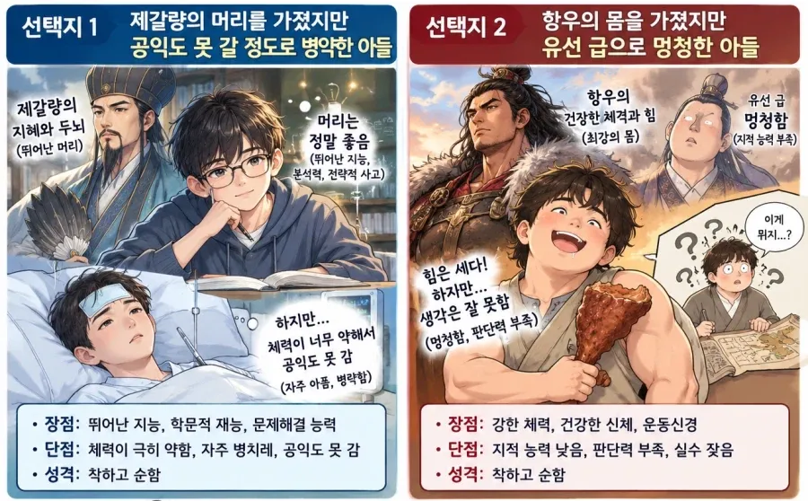 제갈량급 두뇌·병약함 vs 항우급 체력·유선급 지능 아들
