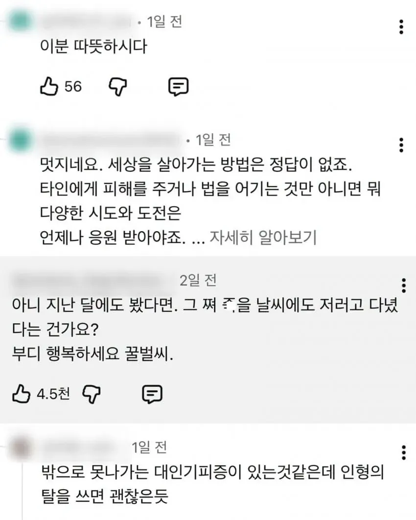 일산에서 9년째 목격되는 인형 탈을 쓴 사람이 추운 날씨에 거리를 걷고 있다.
