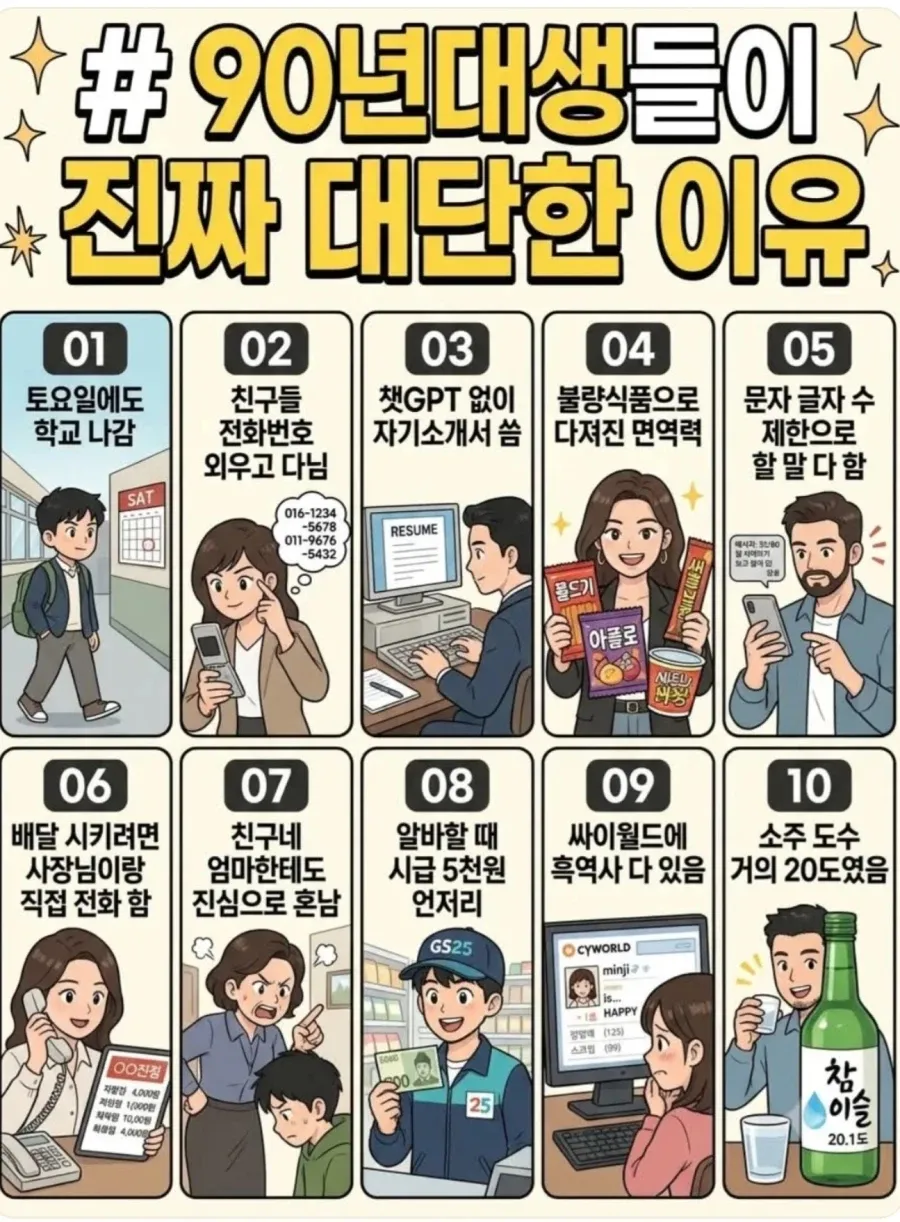 90년대생이 대단한 이유 10가지를 소개하는 텍스트 인포그래픽