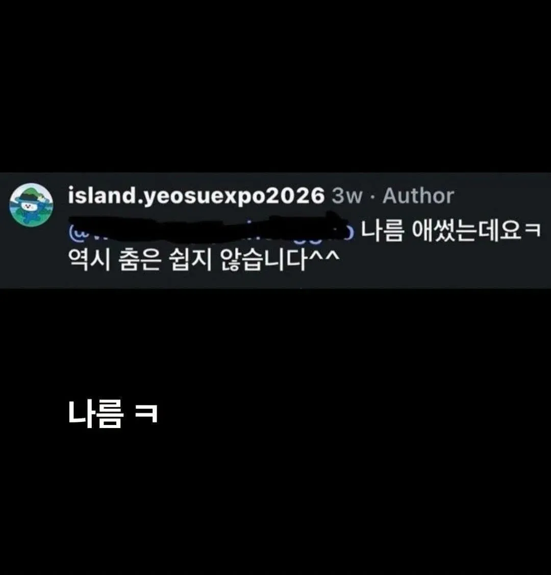 춤을 추려 애쓰는 모습과 ‘나름 애썼는데요ㅋ’ 문구
