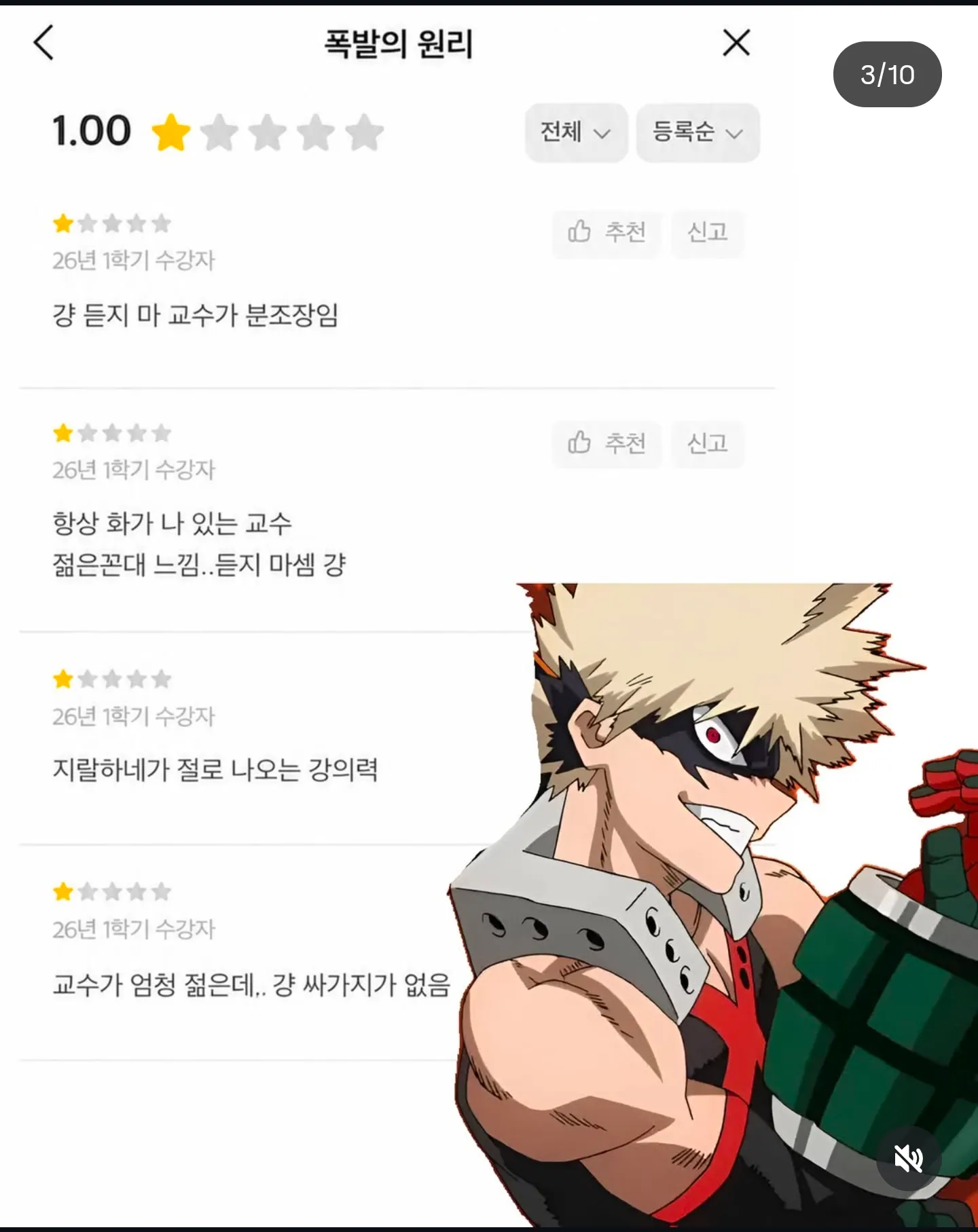 애니 캐릭터별 ‘폭발의 원리’ 강의 부정적 수강평 모음
