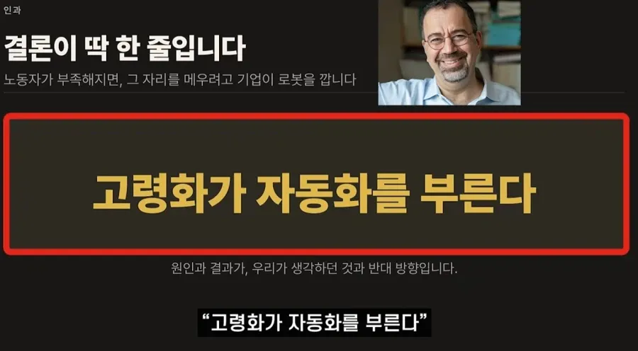 노동자 부족으로 기업의 로봇 도입이 늘어나며, 한국의 고령화가 자동화를 촉진했다는 인과관계를 설명하는 슬라이드.