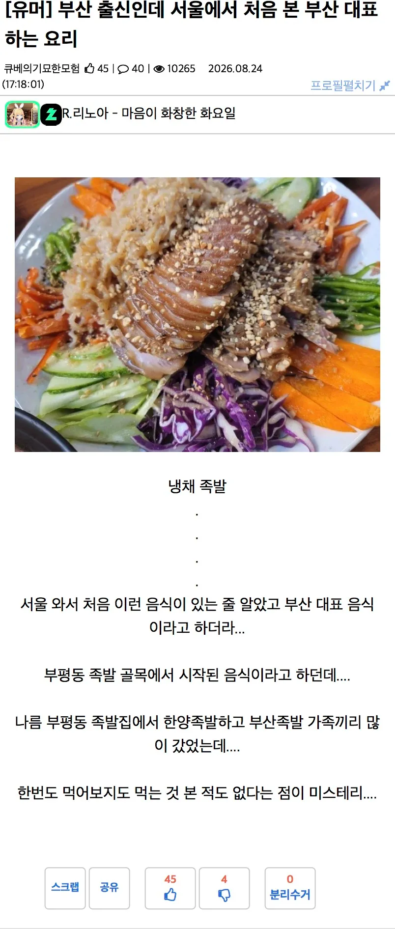 부산 출신자가 처음 본 부산 대표 음식 냉채족발에 의문을 표하는 유머 글