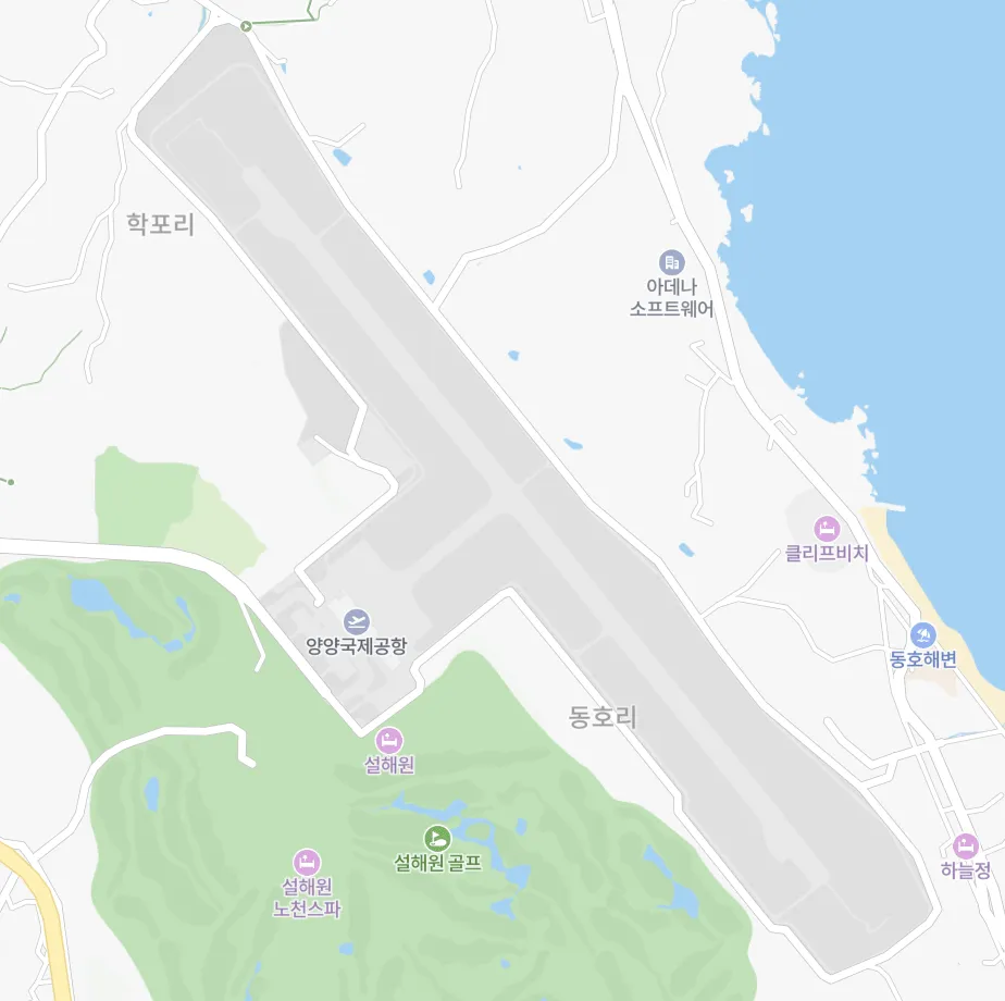양양국제공항과 주변 해변·골프장을 표시한 지도